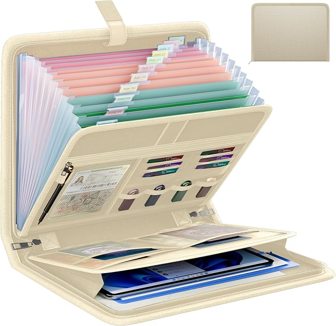 Fireproof Accordion File Organizer, Expanding File Folder with 13 Pockets | Portable Document Organizer with Waterproof Zipper & Labels, File Organizer for Important Document/Paper Storage, Khaki