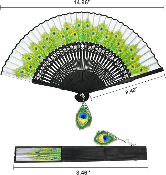EOSAU Hand Fans for Women Foldable - Bamboo Silk Folding Fan Handheld, Fans for Line Dancing Wedding, Portable Bridal Party Favor, Elegant Church Performance Gift (Peacock Grey)