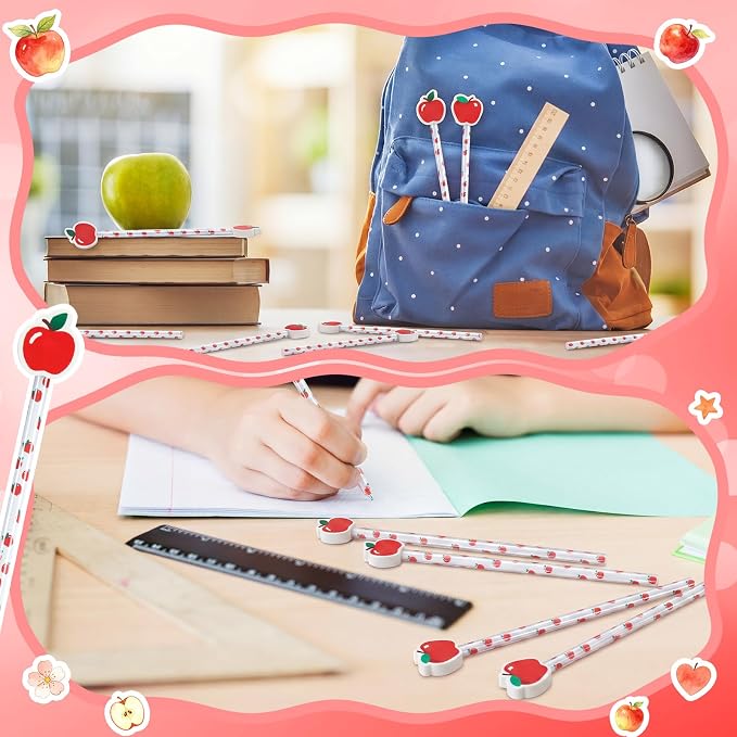 32 Pcs Apple Theme Pencil with Eraser Back to School Party Favors First Day of School Stationery Supplies for Classroom Exchange Gift Student Teachers' Day Reward Supplies