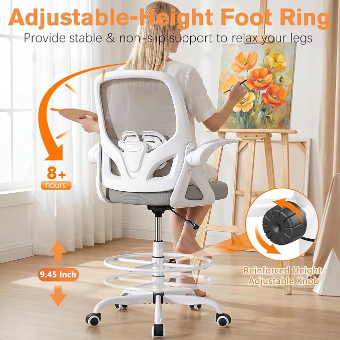 ORRSAKER Drafting Chair, Tall Office Chair with Flip-up Arms, Mesh Ergonomic Computer Standing Desk Chair with Adjustable Height Foot Ring and Lumbar Support, 300 LBS Capacity, Gray