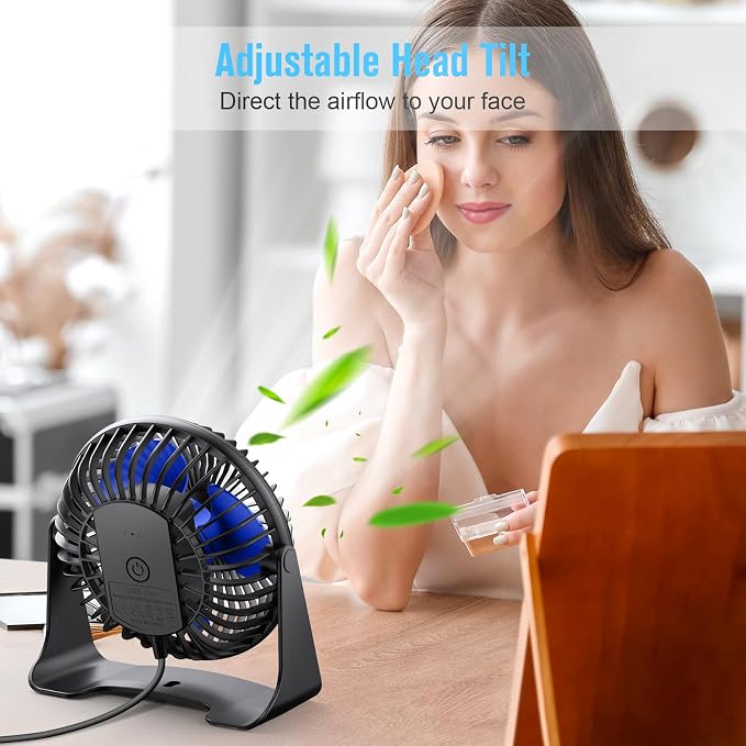 BESKAR USB Small Desk Fan, Portable Table Fans with 3 Speeds Strong Airflow | Quiet Operation and 360°Rotate, Personal Cooling Fan for Home, Office, Bedroom, 3.9 ft Cord