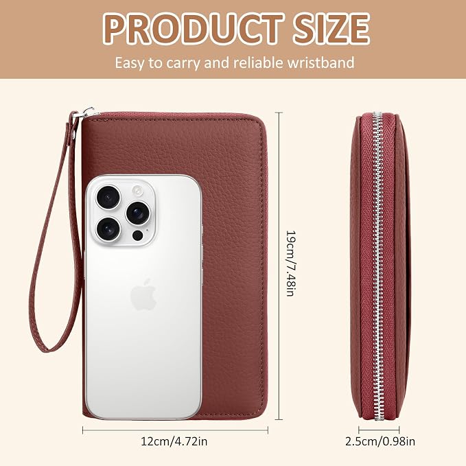 RFID Passport Holder for Travel Family with Coin Pocket, Brick Red | Leather Passport Cover for 2, Travel Document Organizer with Wrist Strap & 24 Card Slots, for Women Men