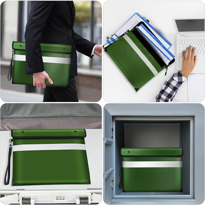 Vailoin 6200°F Fireproof Document Bag, 8 Layers of Heat Insulated Materials | Double-sided Reflective Strip, Waterproof Zipper,Certified to SGS UL94 V-1, for Tablet, Cash, A4-sized documents（Green)