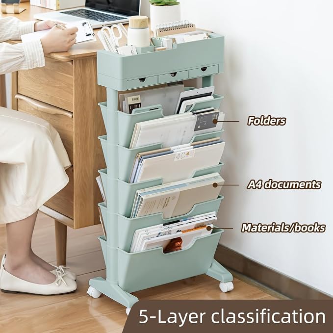 5 Tier Rolling Book Cart Multi-Functional Movable Storage Bookshelves | rolling bookshelf,Movable Storage Bookshelves with Lockable Wheels for Study Office Library Classroom,
