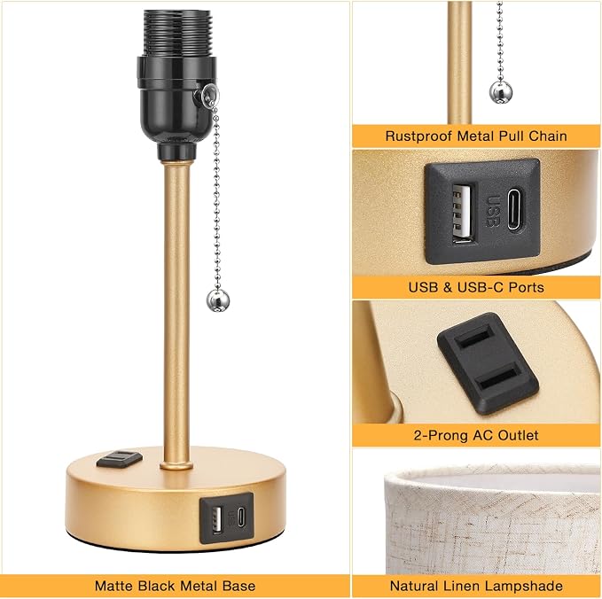 Small Bedside Table Lamp for Bedroom, Desk Lamp with USB Ports for Dorm | USB A+C Ports, AC Outlet, 3 Color Temperatures, LED Bulb Included, Linen-Fabric Shade, Gold Brass Base, 14" Night Stand Lamp