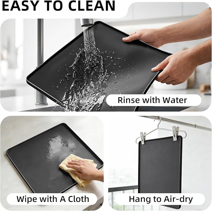 Water Cooler Mat 19.7x19.7 Inch - Soft Silicone Mat with Raised Edges, Waterproof Silicone Tray to Prevent Leak & Floor Damage, Anti-Slip Pad for Mini Fridge, Humidifier, Ice Maker, Black