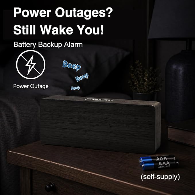 Peakeep Wooden Digital Alarm Clock Large Display, Textured Decoration for Bedroom, Living Room, Plug in Clock with Time Date Day, 5 Brightness, Auto DST