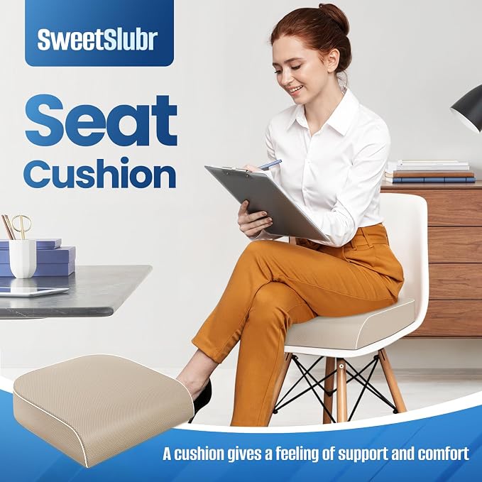 SweetSlubr Seat Cushion for Tailbone Pain Relief, Office Chair Cushion, Memory Foam Large Chair Pad with Non-Slip Cover for Soft Support at Office Chair, Car Seat, Airplane Beige/2X-Large