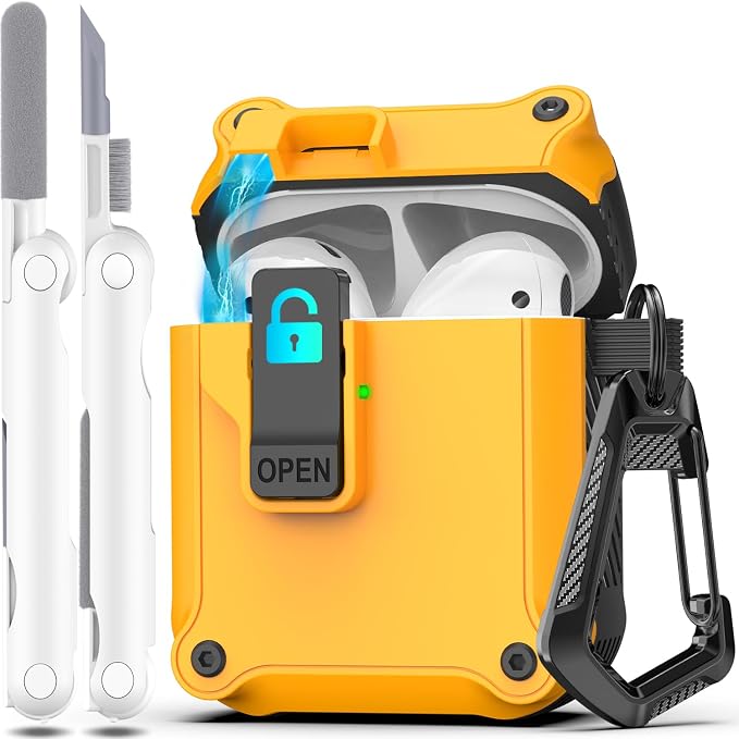 for AirPods 2 Case Cover with Lock Magnetic Lid, Orange | Compatible with Apple AirPods 2 and AirPods(2016), Case with Cleaner Kit & Keychain, Powerful Drop Protection