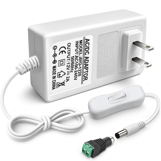 12V 2A Power Supply, 24W 12 Volt DC Power Adapter with On/Off Switch, 110V AC to 12V Wall Plug Transformer for LED Strip Lights with 5.5/2.1mm DC Female Connector