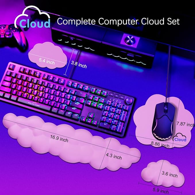4 in 1 Ergonomic Leather Cloud Wrist Rest Keyboard and Mouse Pad & Coaster | Full 4-Piece Set, Non-Slip PU Base, Soft Memory Foam Comfort For Long Work/Gaming Hours, Cute Desk Decor, Easy To Clean