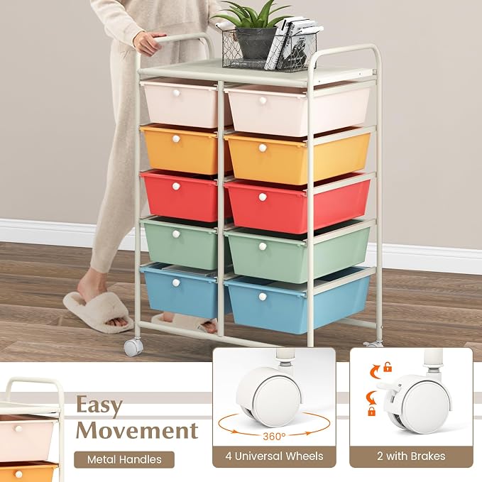 COSTWAY 10 Drawer Rolling Storage Cart, Utility Cart with Lockable Wheels | Mobile Art Supply Craft Organizer with Metal Frame, Multipurpose Drawer Cart for Paper for Office, School, Macaron