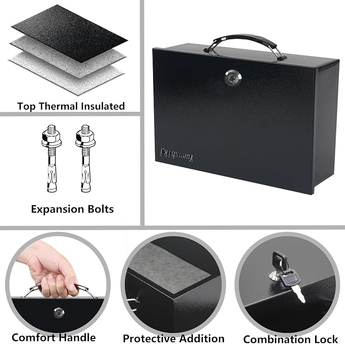Yuanshikj Fireproof Key Lock Steel Security Safe Box, 0.38 Cu Ft, Black | Portable,Fire Resistance,13.2" W x 11" D x 4.5" H,With Carrying Handle, for Personal Items, Documents,Cash,Jewelry, Money