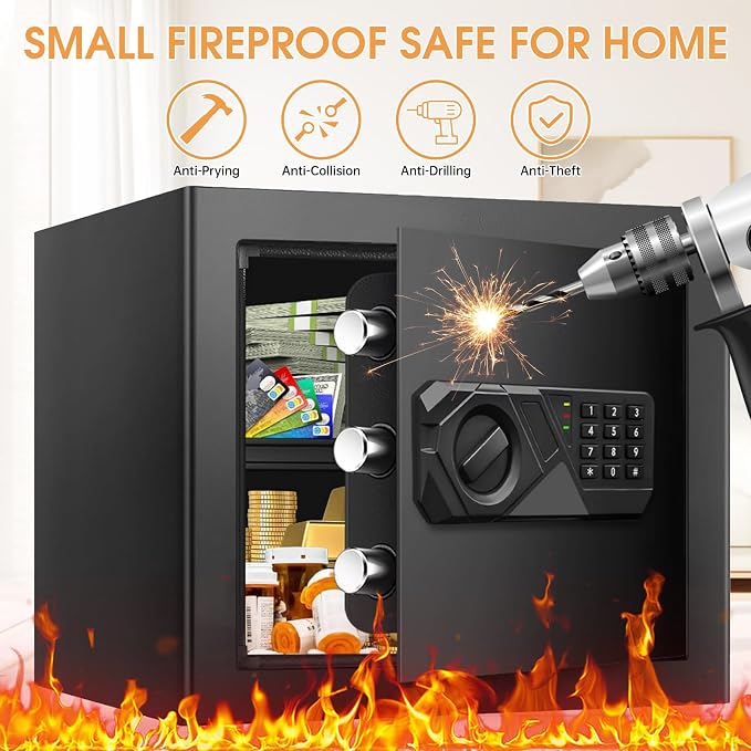 1.8 Cub Small Fireproof Safes for Home, Digital Security Home Safes Fireproof Waterproof with Programmable Keypad Keys and Alarm System, Anti-Theft Fire Safe Box for Document Money Valuables