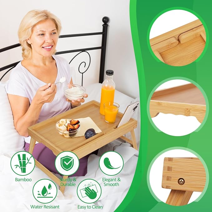 Artmeer Bamboo Bed Tray Table with Device Slot, Folding Legs, Large, Bamboo | FSC-certified bamboo bed tray with folding legs, device slot and handles for meals, laptops, reading and serving in bed.