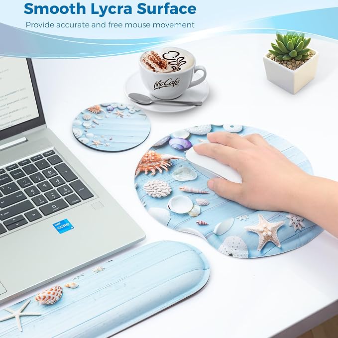 Mouse Pad and Keyboard Wrist Rest Support,Ergonomic Mouse Pad Set | Mousepad With Coaster and Non-Slip PU Base,Pain Relief for Desk Desktop Gaming, Computer,Office -Beach