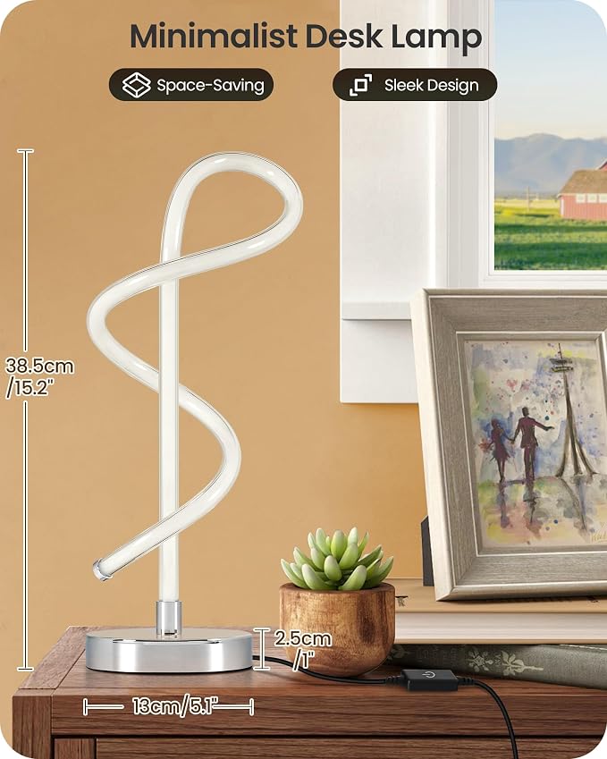 Modern LED Table Lamp, Bedside Lamp with 3 Color Temperatures, Adjustable Brightness, 360° LED Lighting Spiral Design, Sliver Desk Lamp, Spiral Lamp for Bedroom, Living Room, Office, S63TL05