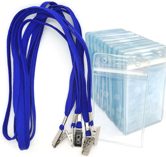 Bird Fiy® 50 Pack Lanyards with Bulldog Clip and 50 Pack Waterproof Clear Plastic Vertical Name Tag Badge ID Card Holders(Blue)