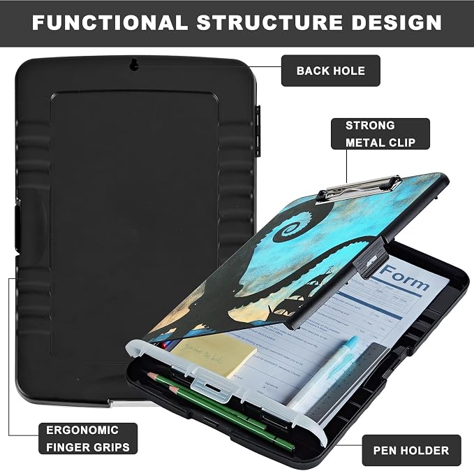 Clipboard with Storage,Storage Clipboard with Pen Holder,Heavy Duty Plastic Storage Clipboard with Low Profile Clip,Teacher Must Haves,Clipboard Folder,Office Supplies,Octopus and Ship -1343