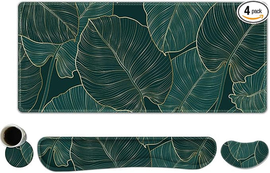 ToLuLu Extended Gaming Mouse Pad, Ergonomic Keyboard Mouse Wrist Rest Set | Large Desk Mat with Stitched Edges, Non-Slip Base Memory Foam Mousepad Support for Home Office Game, Green Golden Leaves