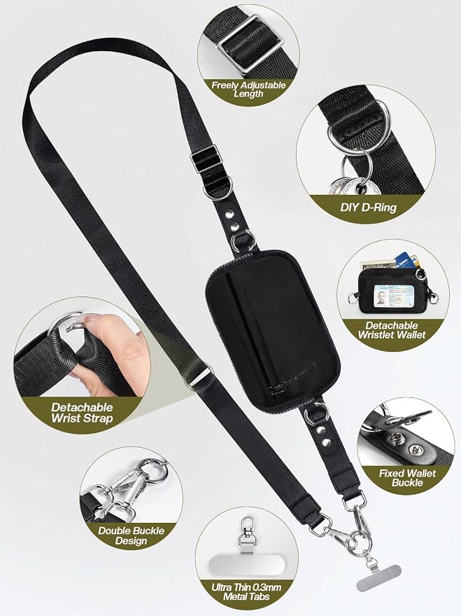 Tiostep Clip and Go Strap for Phone with Wallet Crossbody Phone Lanyard Adjustable and Detachable RFID Wristlet Wallet with ID Window and Zippered, Black