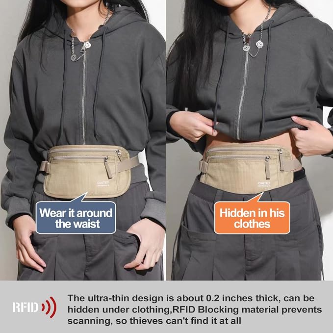 Money Belt - Passport Holder Secure Hidden Travel Wallet with RFID Blocking, Undercover Fanny Pack (Beige)