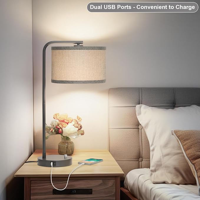 Gray Bedside Lamp with USB C+A Ports, Fully Dimmable Modern Nightstand Lamp | 25" Tall Side Table Lamp with Grey Fabric Shade, Reading Desk Lamp for Bedroom Living Room Office, 3000K LED Bulb Included