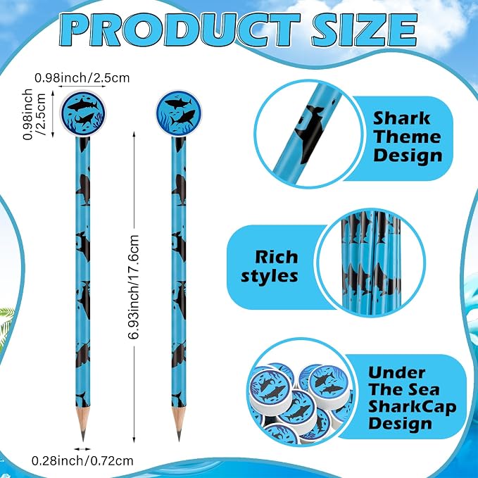 32 Pcs Summer Shark Pencil with Eraser Party Favors Gifts Shark Pen Goodie Bag Filler Under the Sea Theme Stationery Set for School Classrooms Exchange Reward Prize Home Office School Supplies