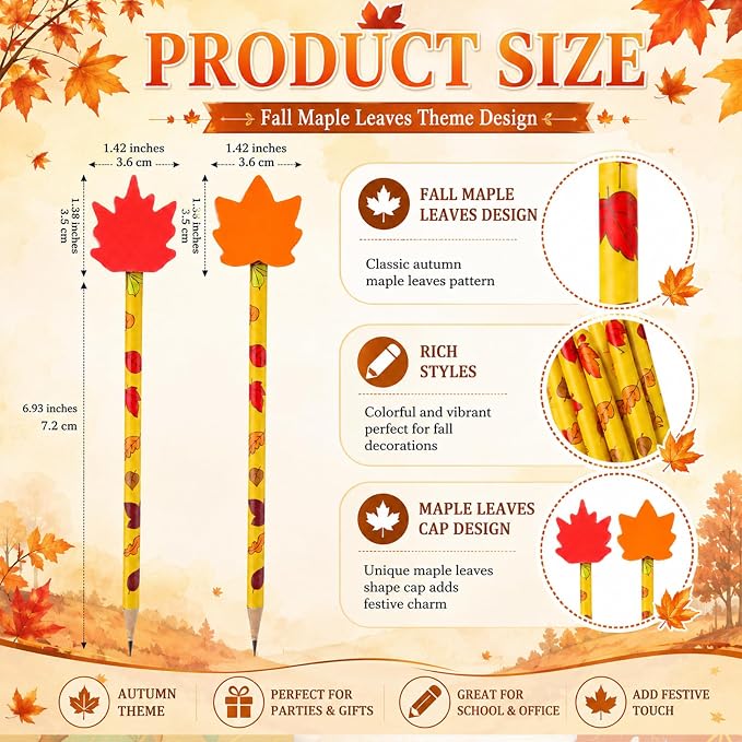 32 Pcs Maple Leaves Pencil with Eraser Autumn Party Favors Gifts Stationery Supplies for Classrooms Exchange Reward Prizes Home Office School Supplies(Red and Yellow)