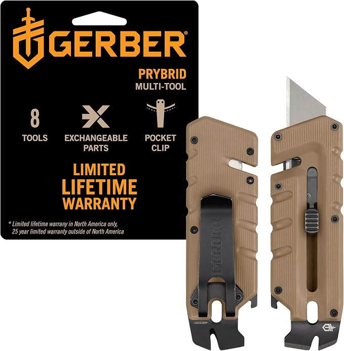 Gerber Prybrid EDC Pocket Knife Multitool 8-in-1 Box Cutter, Coyote Brown | Retractable utility box cutter blade, built-in pry bar, compact EDC multitool, everyday carry knife