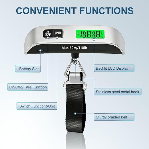 Digital Luggage Scale, 110lb Suitcase Weight Scale for Travel with Backlit LCD Display, 4-Unit Switching, Portable Hanging Baggage Scale for Luggage, Backpacks, Packages (Battery Included) | with Backlit LCD Display, 4-Unit Switching, Hanging Baggage S...