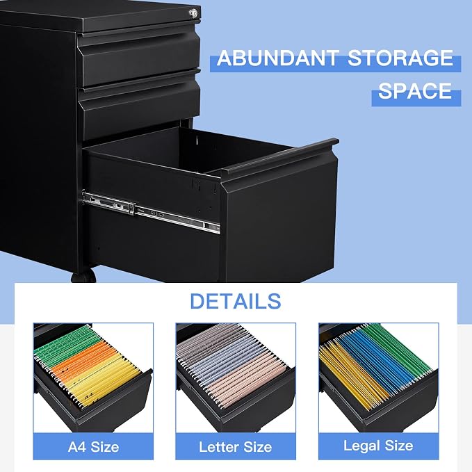 3 Drawer Mobile File Cabinet with Lock, Black Under Desk Rolling Filing Cabinet, Metal Locking File Cabinet on Wheels for Legal/Letter/A4 File (Required Assemble)