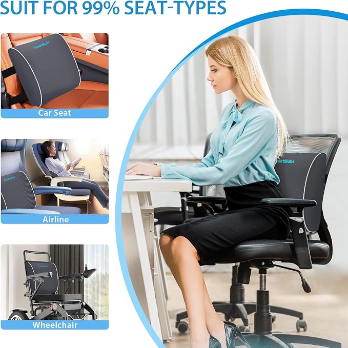 SweetSlubr Large Lumbar Support Pillow for Office Chair, Car Seats and Home Desks, Ergonomic Back Support with Double Adjustable Straps, Machine Washable Cover (Gray,XL)