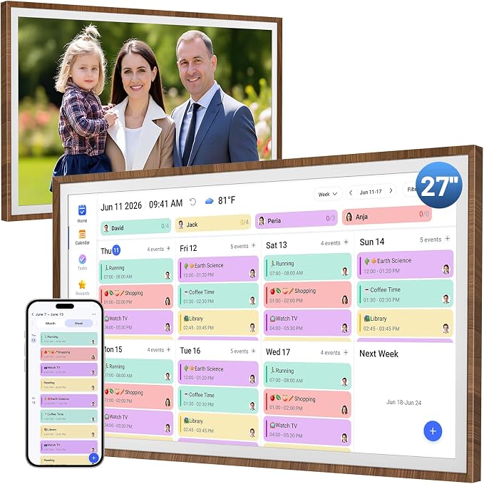 LIVINGPAI Smart Digital Wall Calendar, 27 Inch Full HD Touchscreen Family Planner, Chore Chart & Meal Planner, WiFi Shared Calendar Display, Google iCloud Outlook Sync, Wood Frame