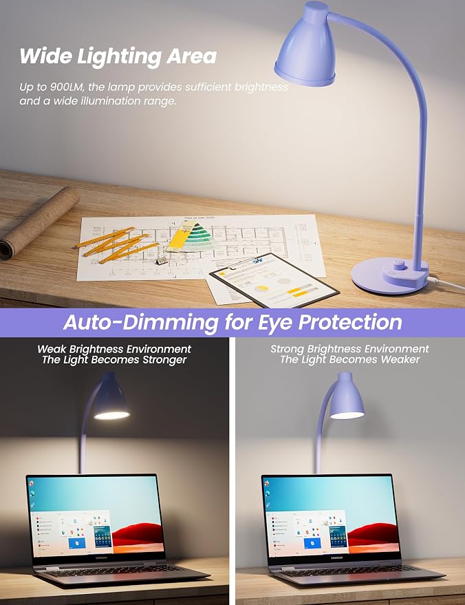 BOHON LED Desk Lamp with USB Charging Port, 3 Color Modes Dim, Lilac Purple | Reading Lamp, Auto Dimming Task Lamp, Flexible Neck Table Light for Office Dorm Bedside, Adapter Include