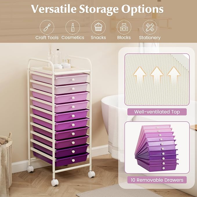 GLACER 10 Drawers Rolling Cart, Storage Cart with w/Removable Drawers & Steel Frame, Utility Mobile Trolley w/Universal Casters & 2 Brakes, Organizer Cart for Home, Office (Purple Gradient)