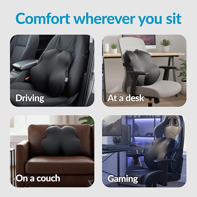 Everlasting Comfort Lumbar Support Pillow for Office Chair - Memory Foam Back Cushion for Car Seat - Promotes Better Posture, Back Pain Relief - Ideal Gaming and Desk Chairs Work and Home Essentials