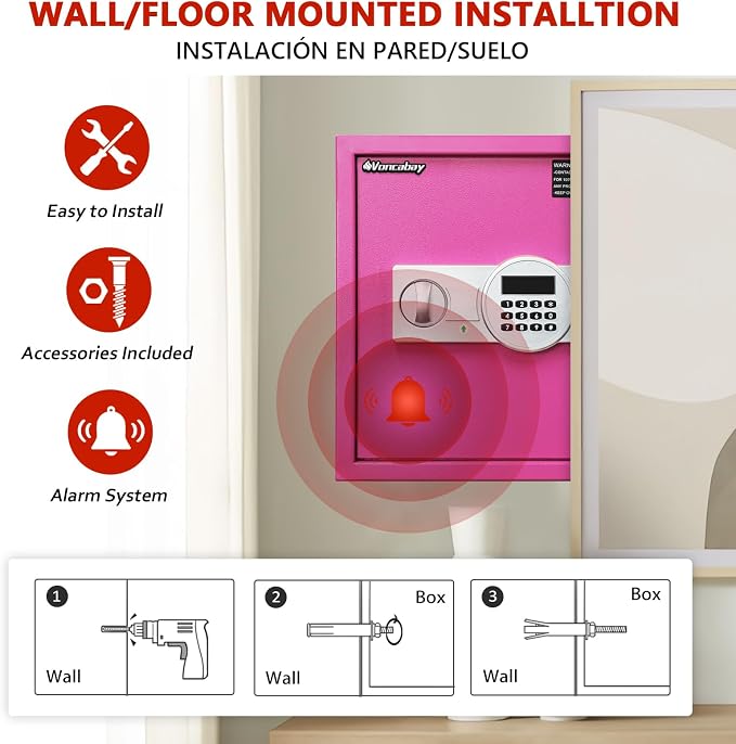 Voncabay Money Safe Box for Home with Digital Keypad, 1.5 Cu. Ft., Pink | Alloy Steel, 2 Fireproof Bags, Digital Keypad with Display, Removable Shelf, Alarm System, 14 x 13 x 13 In.