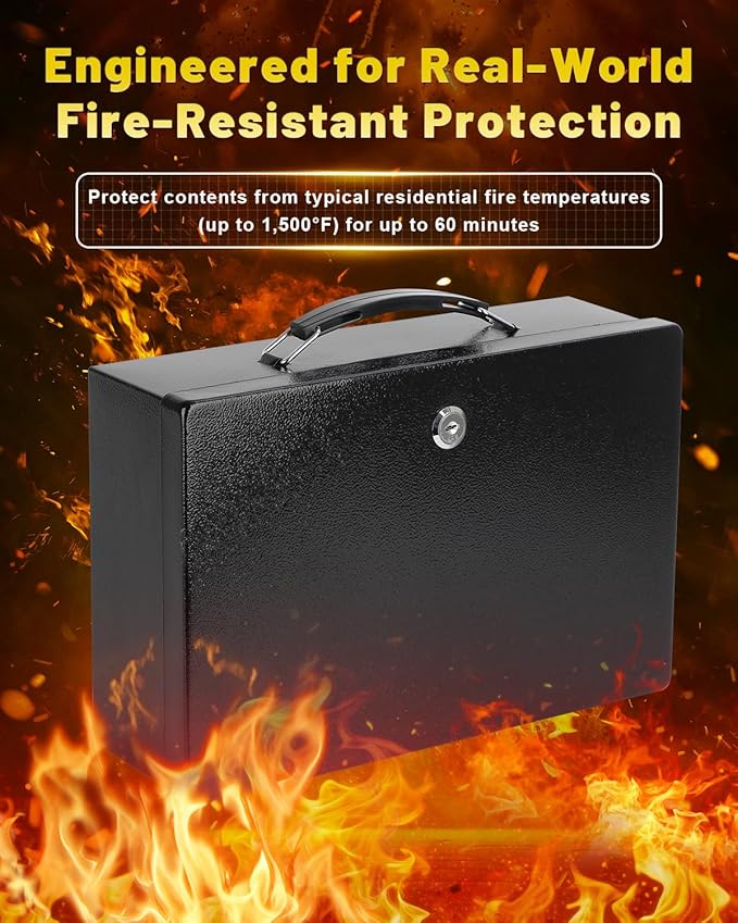 KYODOLED Fireproof Document Box with Key Lock, Small Lock Boxes for Personal Items, Fire and Water Resistance, Fireproof Safe Box for Documents, Jewelry, Passport, Cash, 12.6'' x 8.3'' x 3.58'' Black