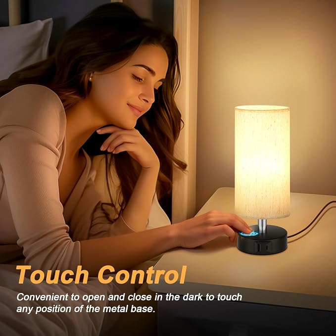 Small Table Lamp for Bedroom - Touch Control Lamp with 3 Way Dimmable | LED Bulb Included | USB C and A Ports | Cream Shade and Black Base | Bedside Lamp for Nightstand