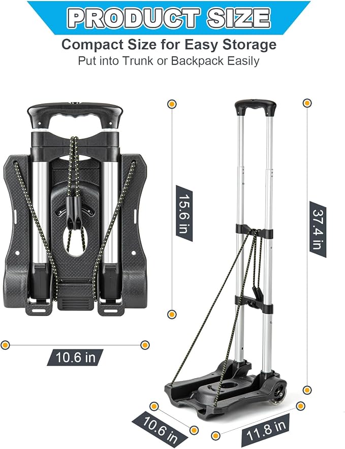 Vsaikeo Small Folding Hand Truck Dolly with 2 Wheels, Foldable Luggage Cart | Lightweight Aluminum Collapsible Cart Portable Dolly for Airport Travel Moving Use