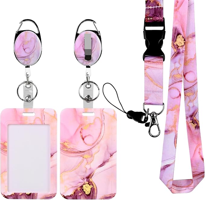 Pink Marble ID Badge Holder, Lanyard with Release Buckle,Heavy Duty Badge Reel,Detachable Keychain, for Nurse Officer Teacher Security Staff Women Men
