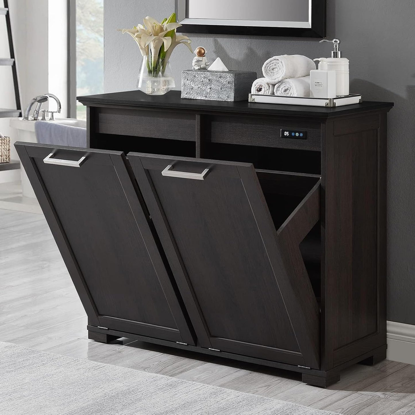 OLD CAPTAIN Double Tilt Out Trash Cabinet, Wooden Kitchen Garbage Can Free Standing Holder (Dark Brown+Black Top Panel)…