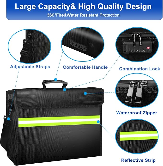 Large Fireproof Bag 6500°F with Lock/Removable Folder Layers/Small Fireproof Cash Bag,Upgraded 10 Layers Heat Insulated＆Waterproof Zipper,Portable Home Travel for Documents(16.5x12.4x5.5 inches)