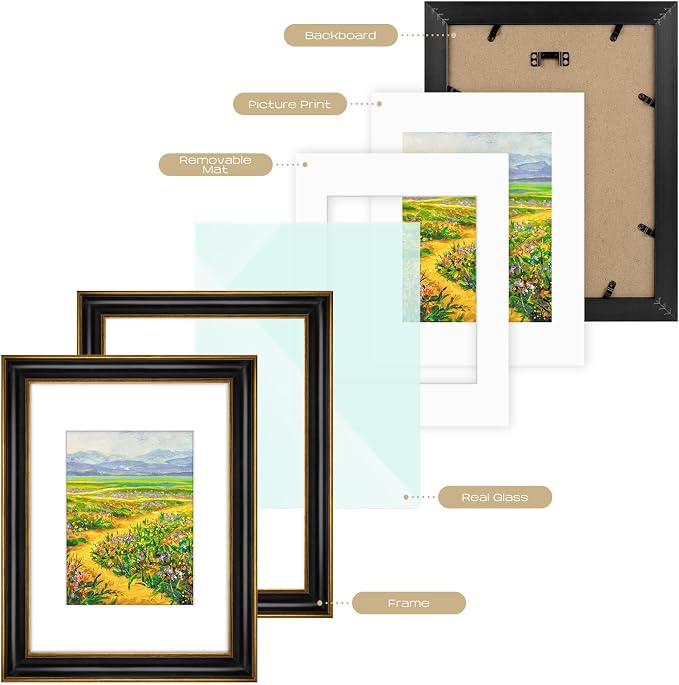 Golden State Art, 9x12 Photo Frame With Mat for Pictures 6x8 and Real Glass (Black With Antique Gold Trim - White Color Mat, 1.25 Inch Frame Border)