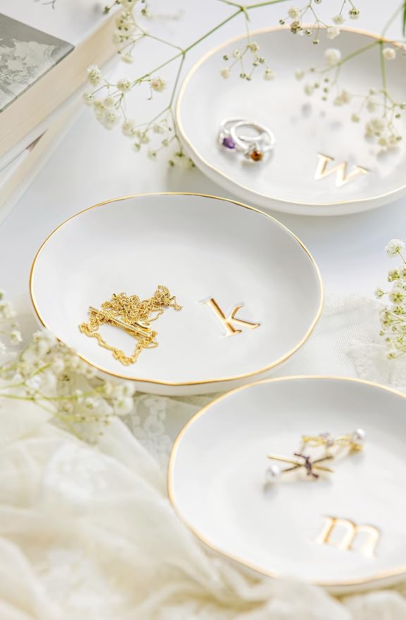 COLLECTIVE HOME Ceramic Jewelry Tray, Trinket Dish, Gifts for Women (E) | Mother's Day, Birthday, Christmas, Engagement Gifts, Vanity, Nightstand Decor, Embossed Gold Monogram Ring Dish with Gift Box