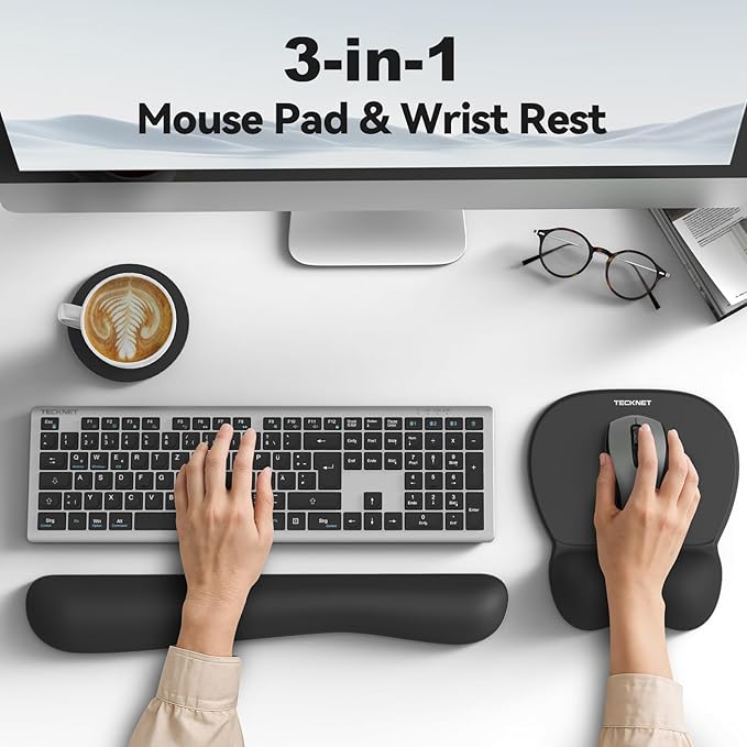 TECKNET Gel Ergonomic Mouse Pad & Keyboard Wrist Rest & Coaster | 3 in 1 Set, Pain Relief, Milk Silk Cloth, Non-Slip PU Base, Easy Typing, Memory Foam Wrist Support for Office & Home