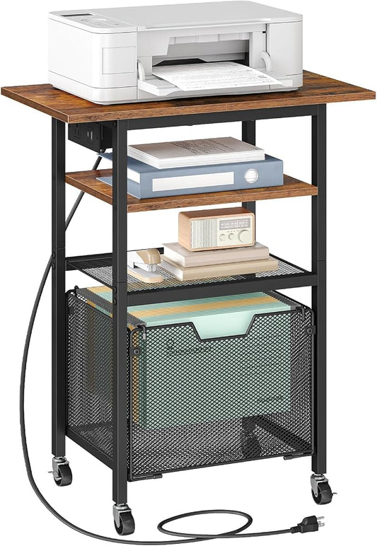 HOOBRO Printer Stand with Hanging File Drawer, Rolling Printer Cart on Wheels, Mobile Filing Cabinet Storage Shelf, Home Office Desk Side Organizer, Rustic Brown and Black BF17UPS01