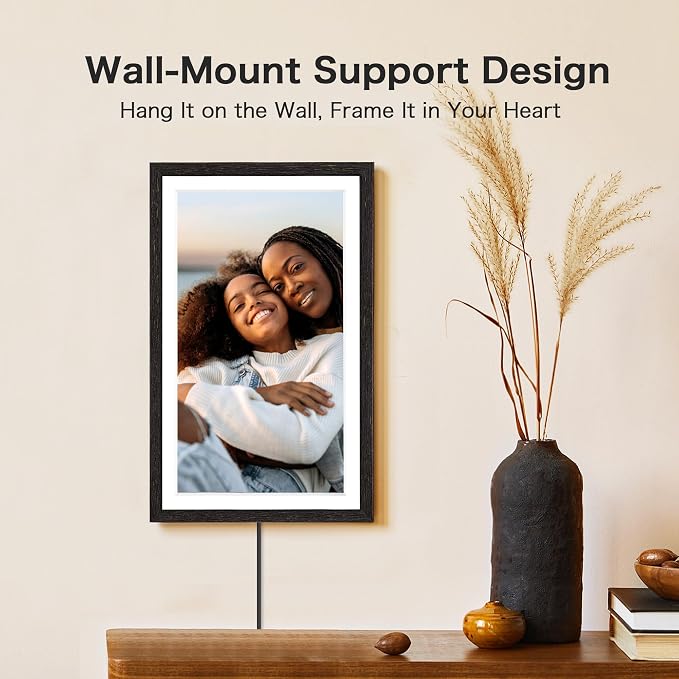 Digital Picture Frame, 15.6 Inch Frameo Digital Frame WiFi, 1920 * 1080 IPS FHD Touchscreen, 32GB, Tabletop&Wall-Mounted, Share Picture Video, Large Electric Photo Frame, Mom Gifts, Black Woodgrain