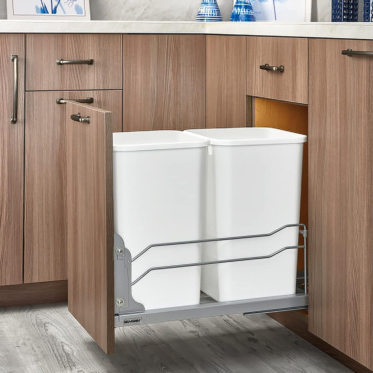 Rev-A-Shelf Double Pull-Out Trash Can for Under Kitchen Cabinets 27 Quart 12.5 Gallon with Soft-Close Slides, White, 53WC-1527SCDM-211